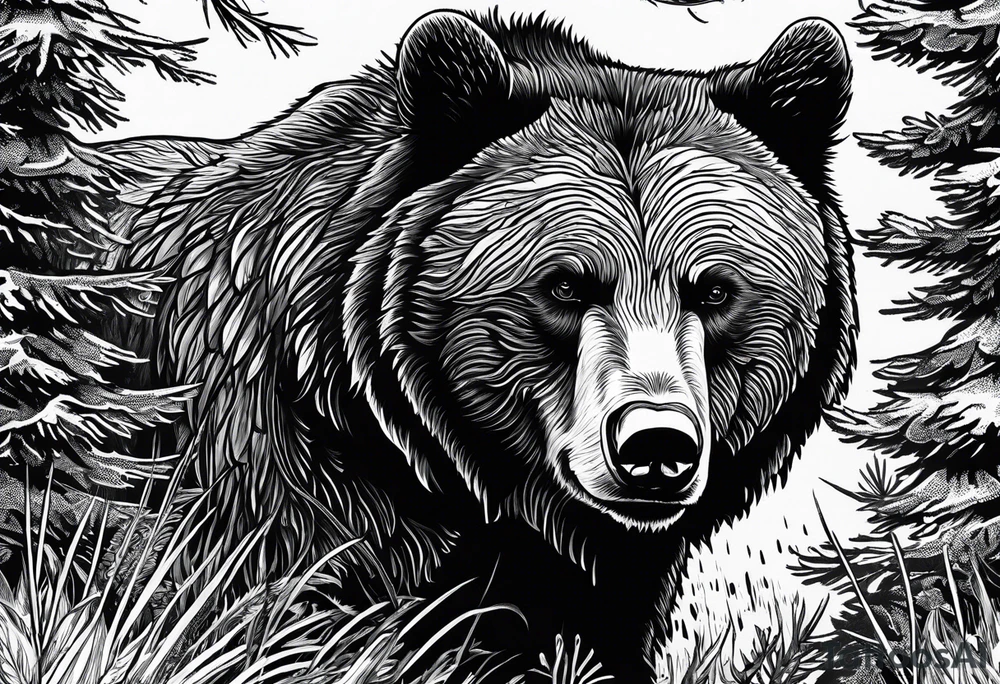 A grizzly bear scene hunting a wolf in the wild tattoo idea