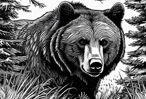 A grizzly bear scene hunting a wolf in the wild tattoo idea