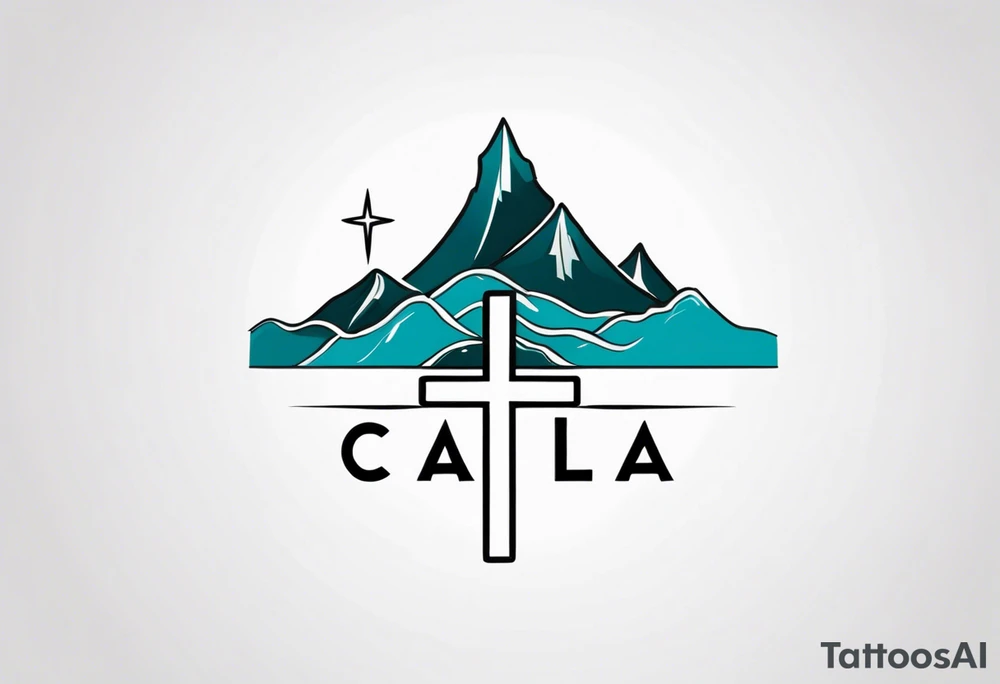 Cross with Mountains and the word "Cala" that is simple and small tattoo idea