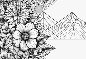 A geometric half sleeve with flowers and a mountain in the geometric pattern tattoo idea