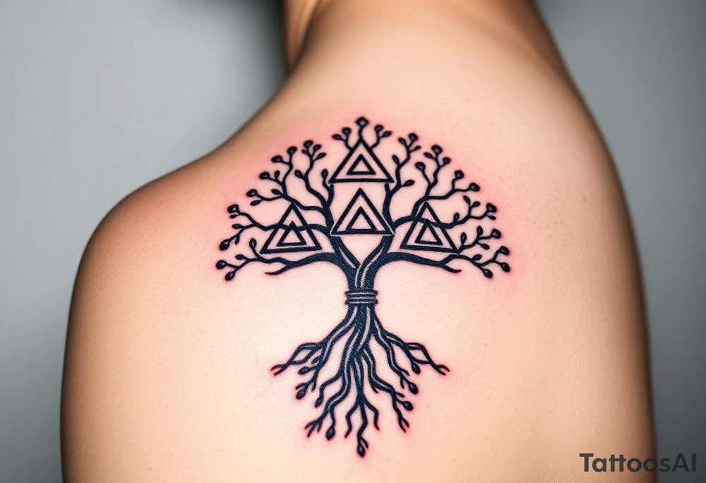 A geometric family tree with deep root interconnected triangles and hexagons, reflecting the strong foundation of ancestry tattoo idea