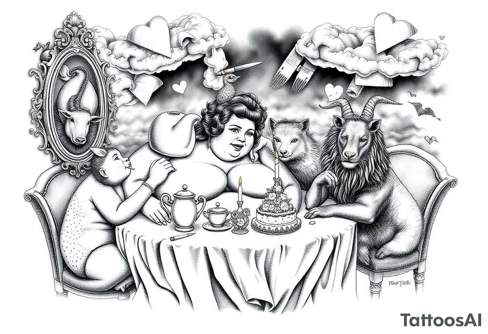 naked fat lady having a tea party with tea pots and 
with a pig, peacock, noose, lion, goat, smoking cigerettes looking in the mirror having sex with a man eating a cake thru storm clouds with knife and broken hearts and darkness tattoo idea
