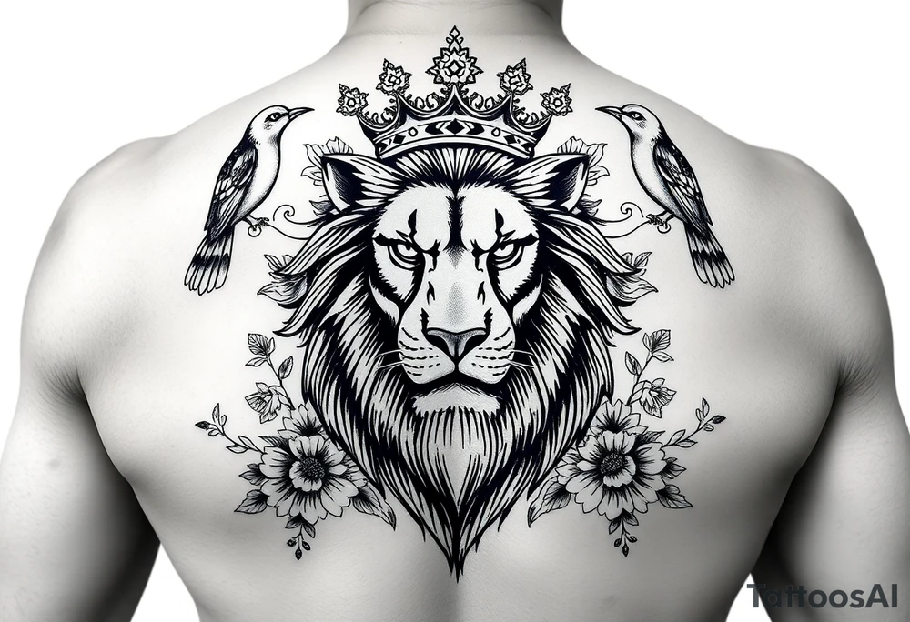 powerful majestic lion with a crown, surrounded by floral ornaments and birds tattoo idea