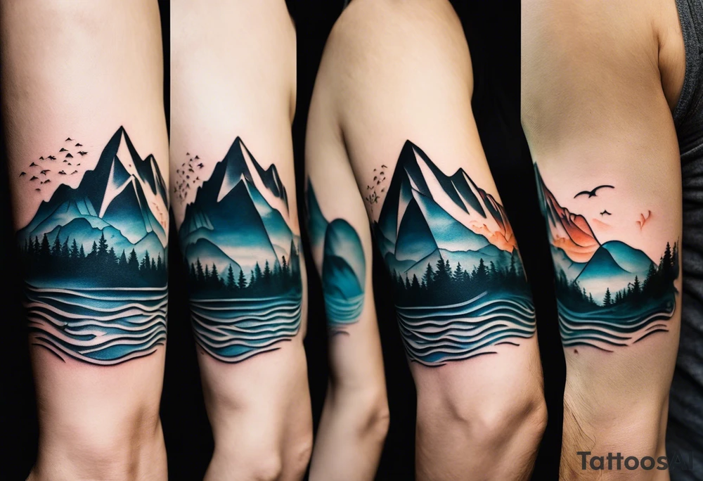 This is a minimalistic tattoo that is split into 2 sections; a top half and a bottom half. The top half is a mountain in Norway with a windy and curvy mountain bike trail winding down the mountain. The bottom half of the tattoo depicts an underwater scene featuring water, and sea life. There are no bikes or trees in the bottom half of the tattoo. tattoo idea