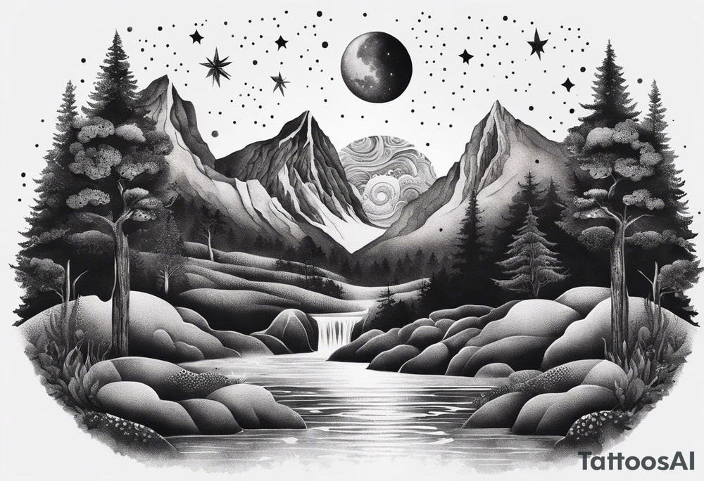 nature with mountains, waterfall, water, and a family of three in the background and and moon/sun in the sky with stars tattoo idea