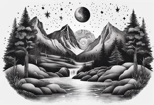 nature with mountains, waterfall, water, and a family of three in the background and and moon/sun in the sky with stars tattoo idea