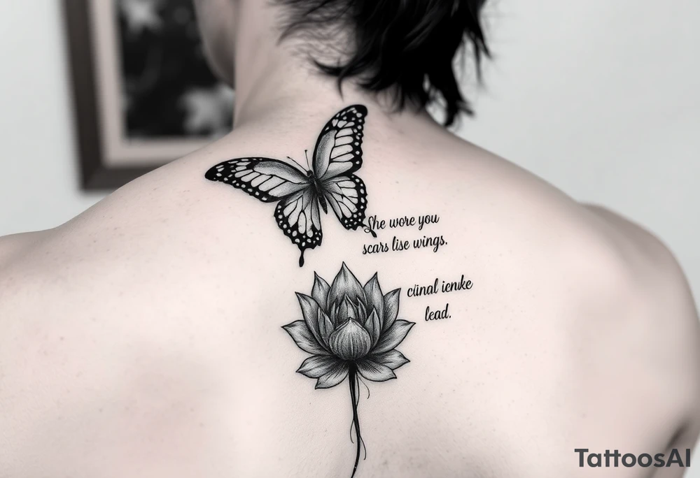 butterfly with cracked wings and lotus flower with quote that says “she wore her scars like wings” all down spine but very elegant tattoo idea