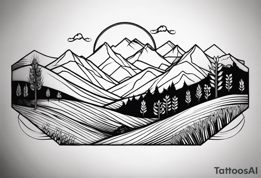 negative blackwork with mountains, hills and wheat field at bottom tattoo idea negative blackwork with mountains, hills and wheat field at bottom tattoo idea