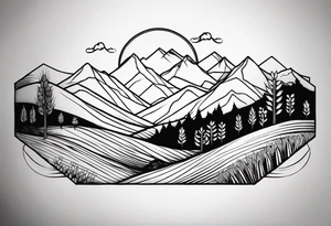 negative blackwork with mountains, hills and wheat field at bottom tattoo idea