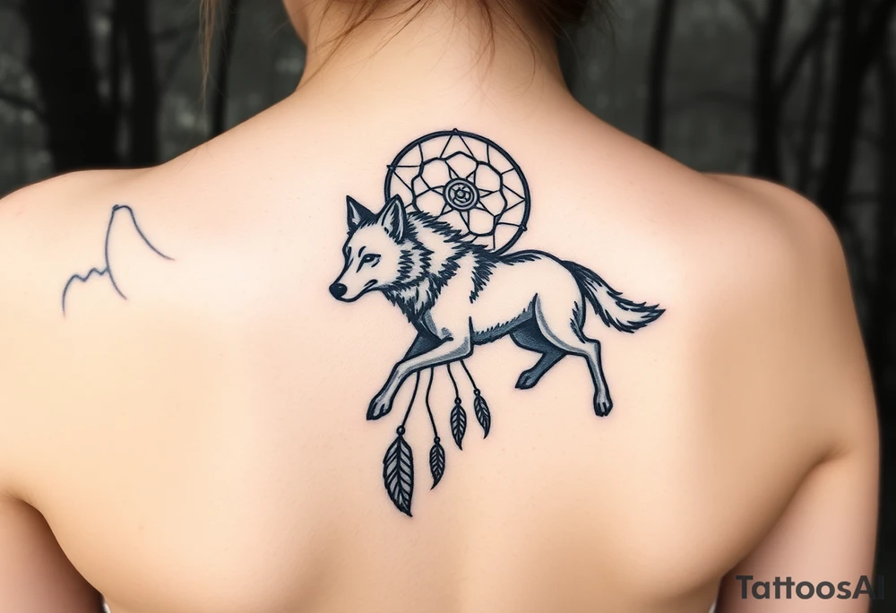 A wolf running through the woods, with dreamcatcher rings behind it tattoo idea