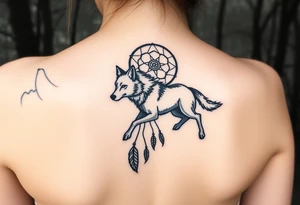 A wolf running through the woods, with dreamcatcher rings behind it tattoo idea