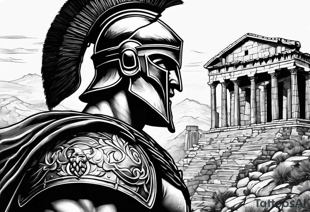 Close up of spartan solider face looking right at distant roman ruins tattoo idea