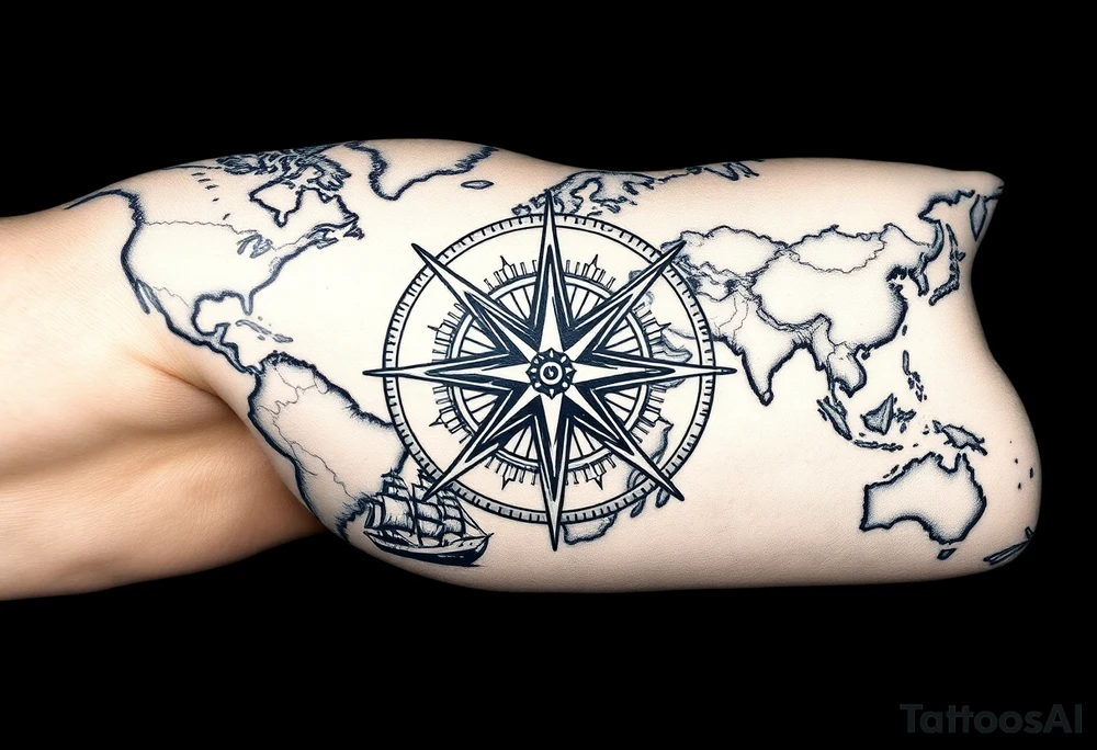 antique compass rose overlaid on weathered world map with sailing ships tattoo idea