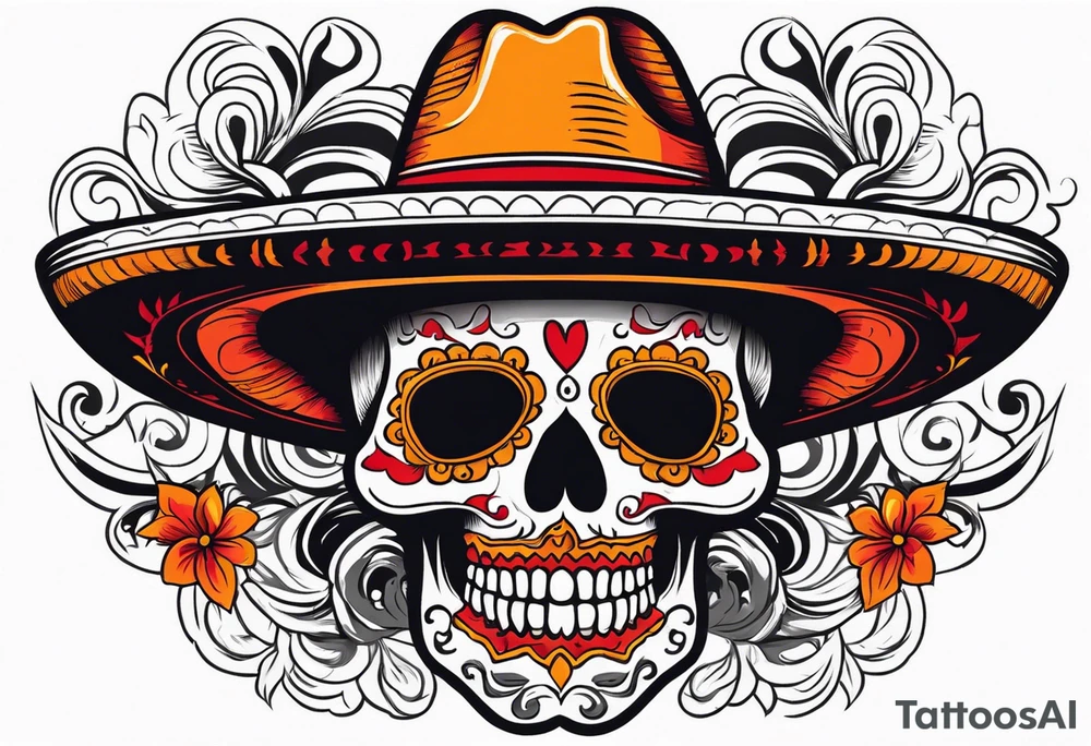 Mexican skull with sombrero with smoke coming out of the bottom orange and red tattoo idea