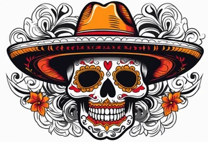 Mexican skull with sombrero with smoke coming out of the bottom orange and red tattoo idea