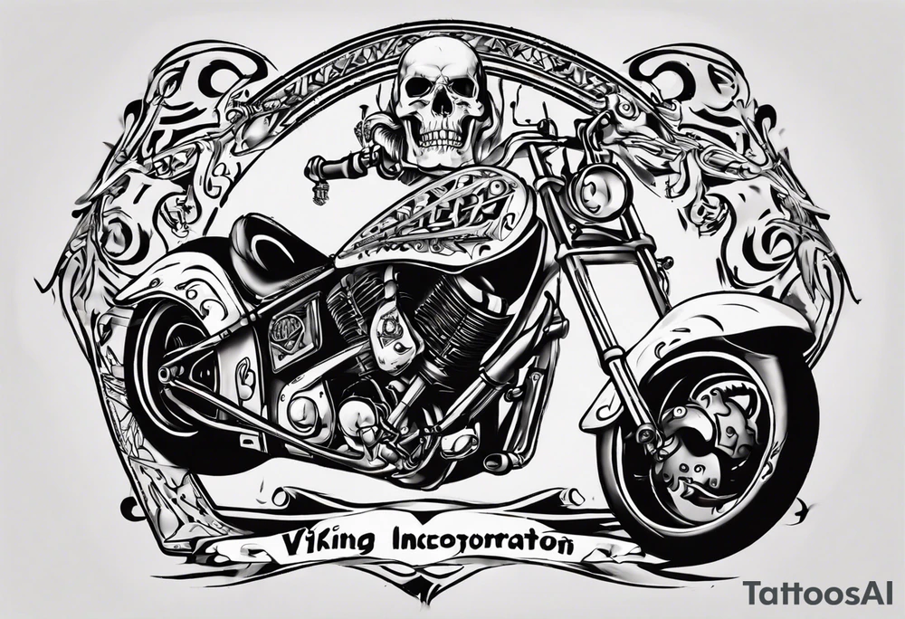 I want a tattoo of a motorcycle and a skeleton in the back with the name “Viking Customs” incorporated in the design tattoo idea