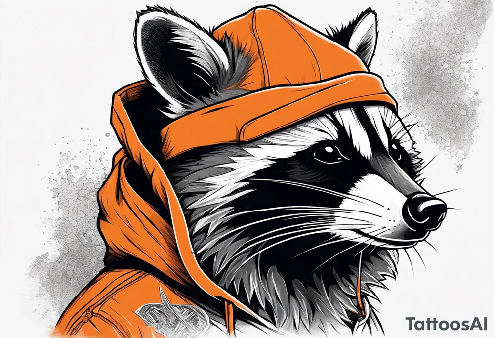 Raccoon wearing an orange Superman hoodie tattoo idea