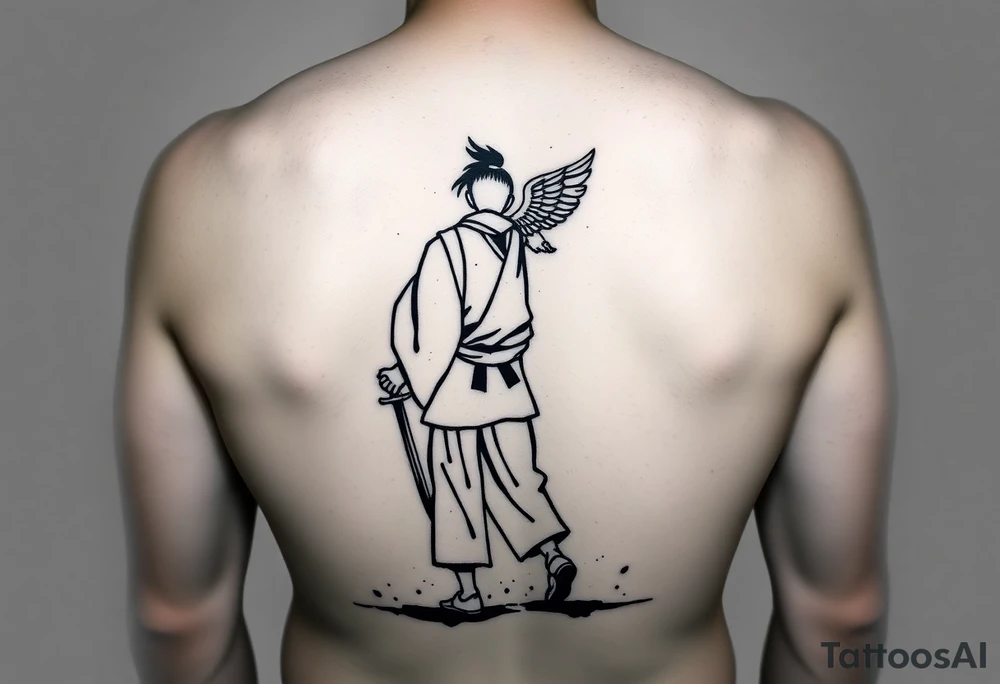 "Blackwork tattoo sketch of a lone samurai walking forward, shown in dramatic silhouette style. The samurai wears traditional kimono and hakama, holding a katana in one hand with the blade pointing downward. Behind him floats a small child angel with detailed feathered wings, gently touching the samurai’s back with one hand, as if stopping or guiding him. Strong contrast, dynamic ink splatter, rough brush strokes, Japanese sumi-e vibe, emotional and symbolic composition, high detail linework, no background." tattoo idea