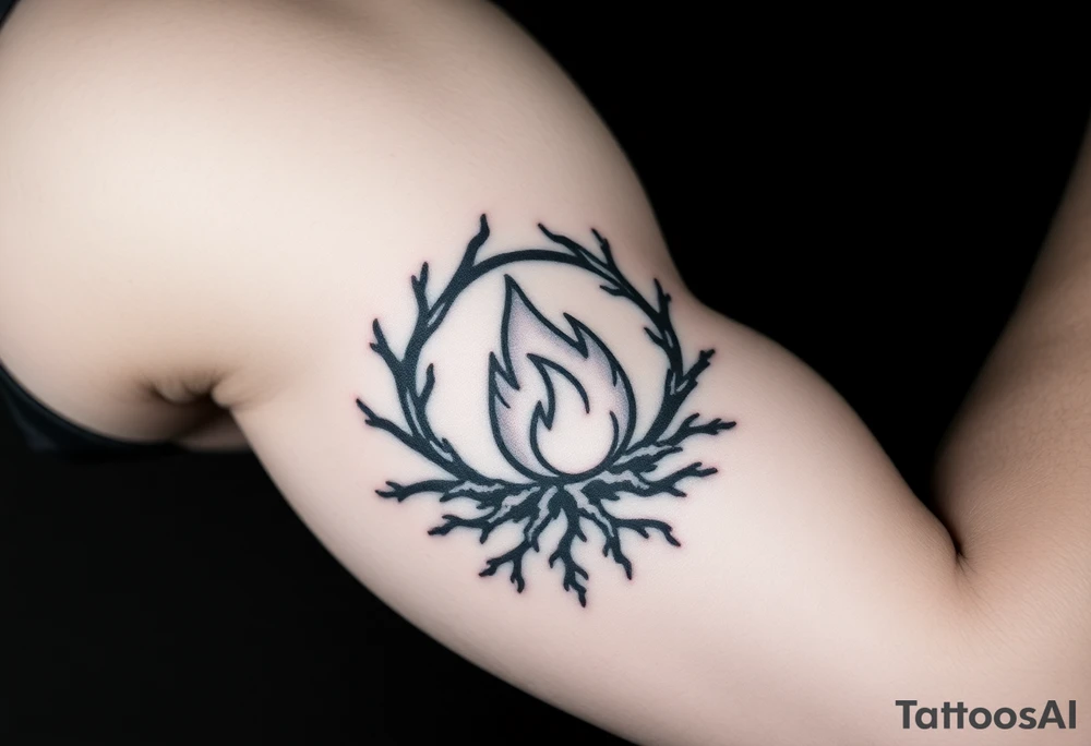a round flame imprisoned in a roots circle tattoo idea