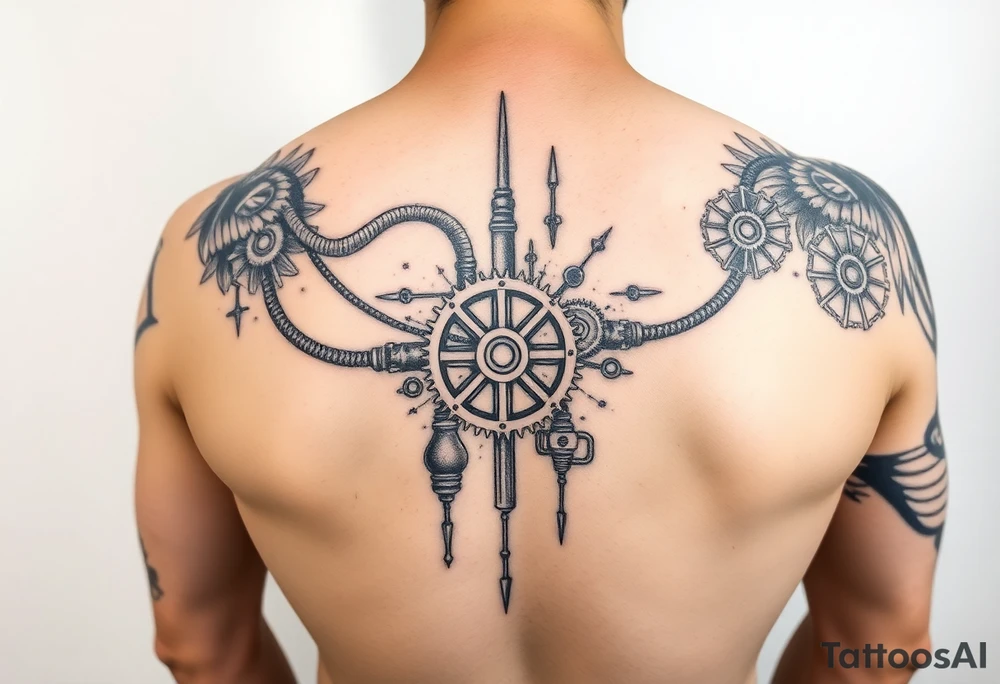 Can you help me design my next tattoo? I already have Polynesian-style tattoos covering left shoulder blade and second in the middle of back going along the spine up till my neck, and I’m looking for ideas to fill the white space between them. I haven’t been able to come up with anything that works. The white space starts from the neck, goes between the shoulderblades and goes all the way from the sides to top of my buttocks.

I’d like the new elements to be in a different style than Polynesian, but still visually cohesive so they complement the existing tattoos rather than clash with them. Maybe steampunk, pipes, cords, cogwheels and mechanical elements tattoo idea