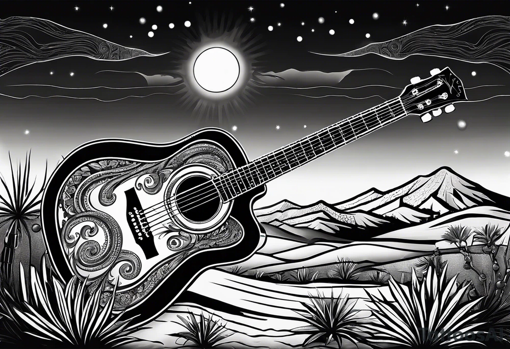 Acoustic Guitar by a campfire with a desert tattoo idea