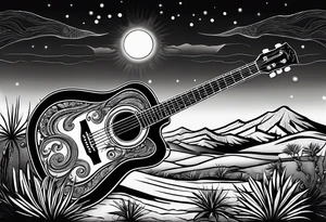 Acoustic Guitar by a campfire with a desert tattoo idea