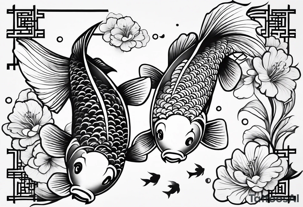 Two koi fish with the kanji letter for love in the middle tattoo idea