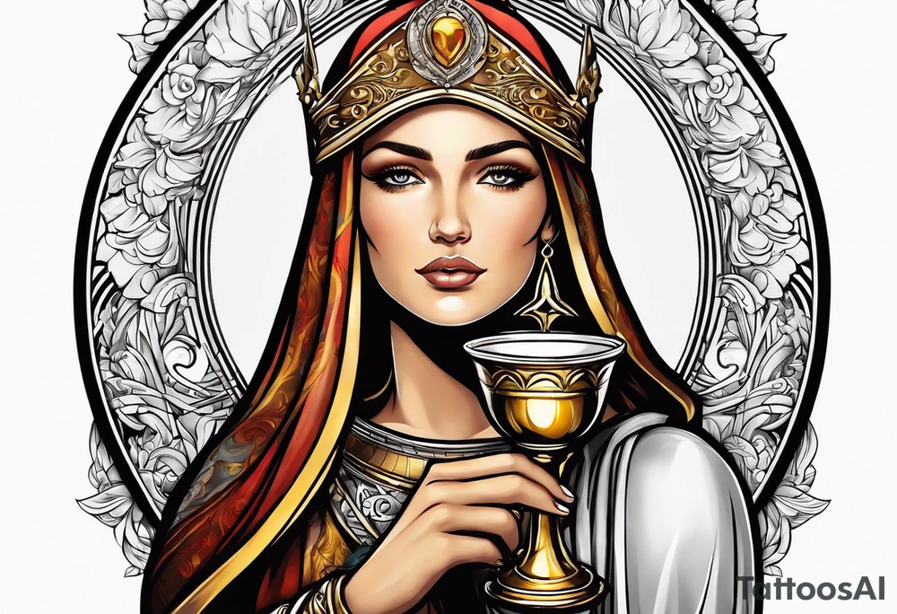woman saint holding chalice surrounded by golden halo tattoo idea