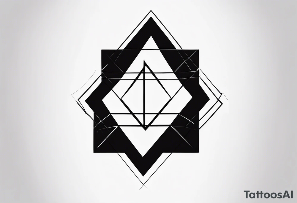 very minimalist tattoo. It should be long and narrow, to goo on an arm. It starts with one square with a dotted line coming out of it, connecting to two interlocked circles, with two lines coming out of them, then connecting to a triangle with multiple lines coming out of it. black and white. tattoo idea