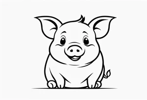 very cute chubby happy piglet.
outline only.
black and white only.
only show the piglet. no extra lines or decoration.
no black shading.
dont make the ears too big.
draw very thin lines tattoo idea