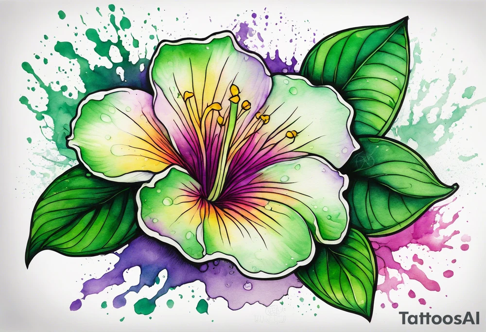 An outline of an only green rio dipladenia flower and a green/purple watercolor splash in the background tattoo idea