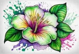 An outline of an only green rio dipladenia flower and a green/purple watercolor splash in the background tattoo idea