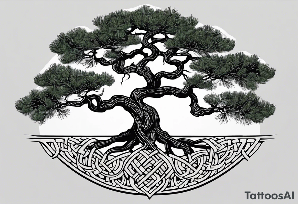 Pine tree and on the oposite side a juniper tree as ot os a reflaction.  roots of both trees are joined and entangeled in celtic trinity sign tattoo idea