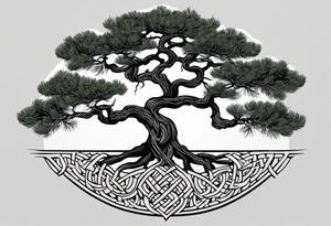 Pine tree and on the oposite side a juniper tree as ot os a reflaction.  roots of both trees are joined and entangeled in celtic trinity sign tattoo idea