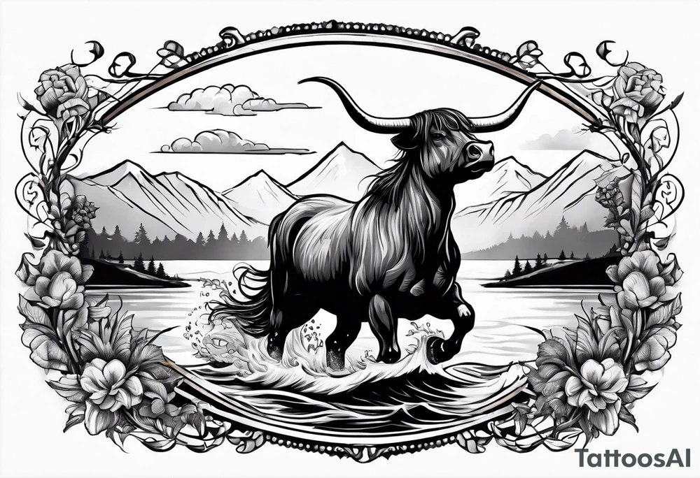 Nessie is being ridden like a horse by a highland cow tattoo idea