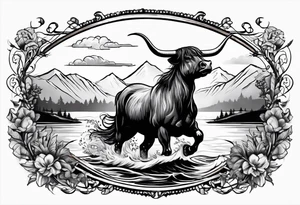 Nessie is being ridden like a horse by a highland cow tattoo idea