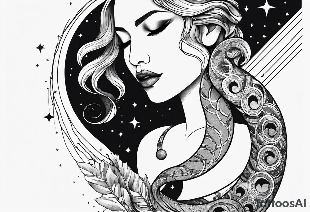 Fine line snake, moon phases, constellations tattoo idea
