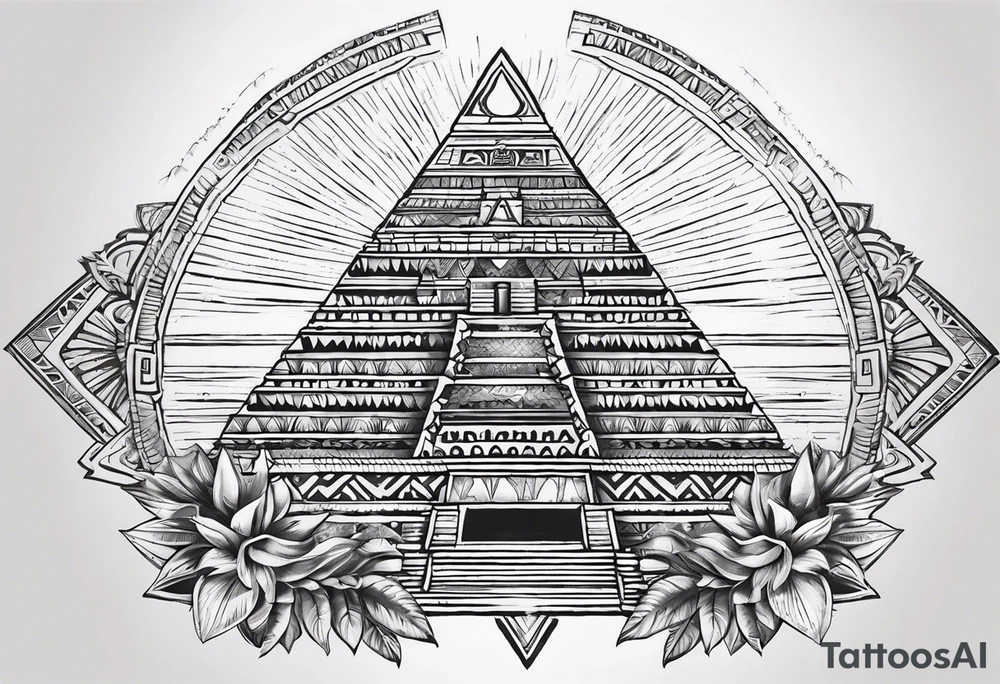 aztec sun background with pyramid in front with two aztec warrios on the left and right side of pyramid tattoo idea