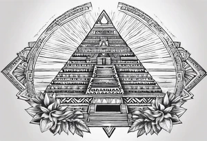 aztec sun background with pyramid in front with two aztec warrios on the left and right side of pyramid tattoo idea