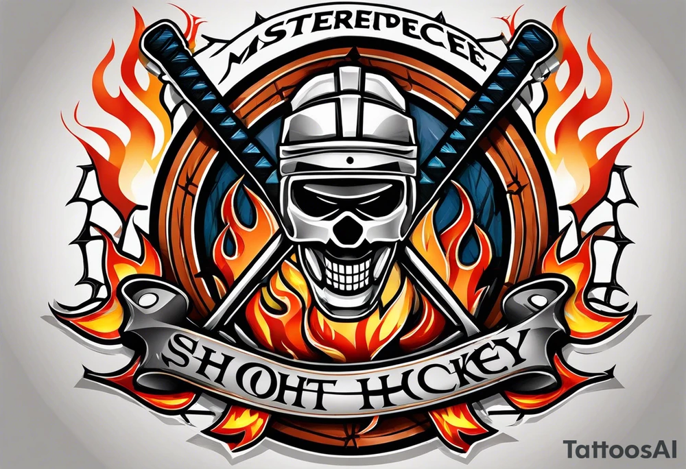 puck with crossed hockey sticks in the background and flames that says "SHOT HOCKEY" tattoo idea