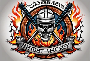 puck with crossed hockey sticks in the background and flames that says "SHOT HOCKEY" tattoo idea