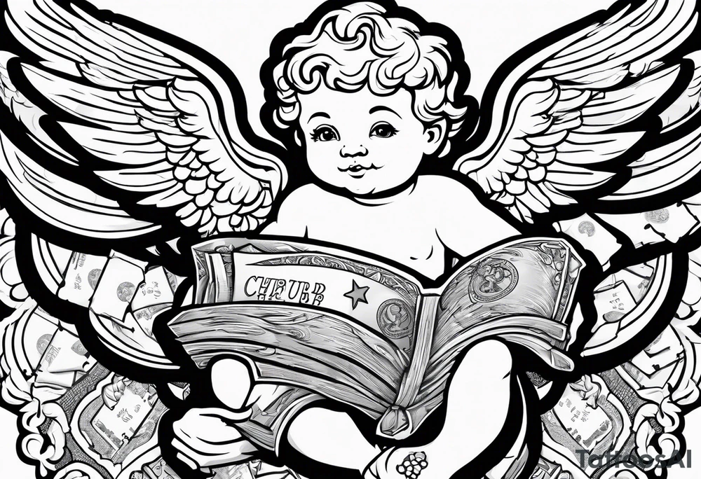 a cartoon cherub outline holding a bag of money tattoo idea