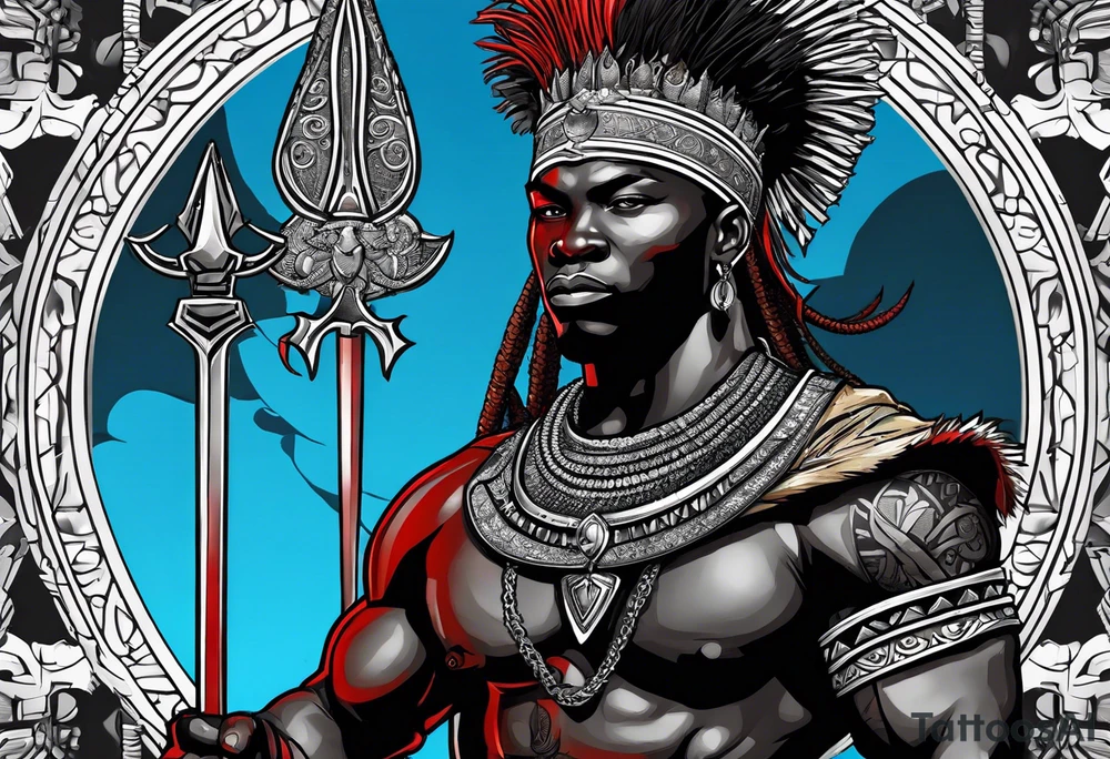 An african god, a bald warrior, that uses a sword and a silver crown. He also uses blue and red necklaces tattoo idea