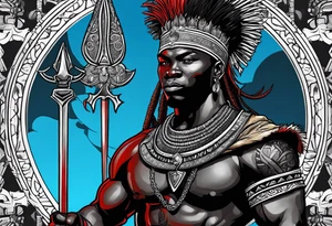 An african god, a bald warrior, that uses a sword and a silver crown. He also uses blue and red necklaces tattoo idea