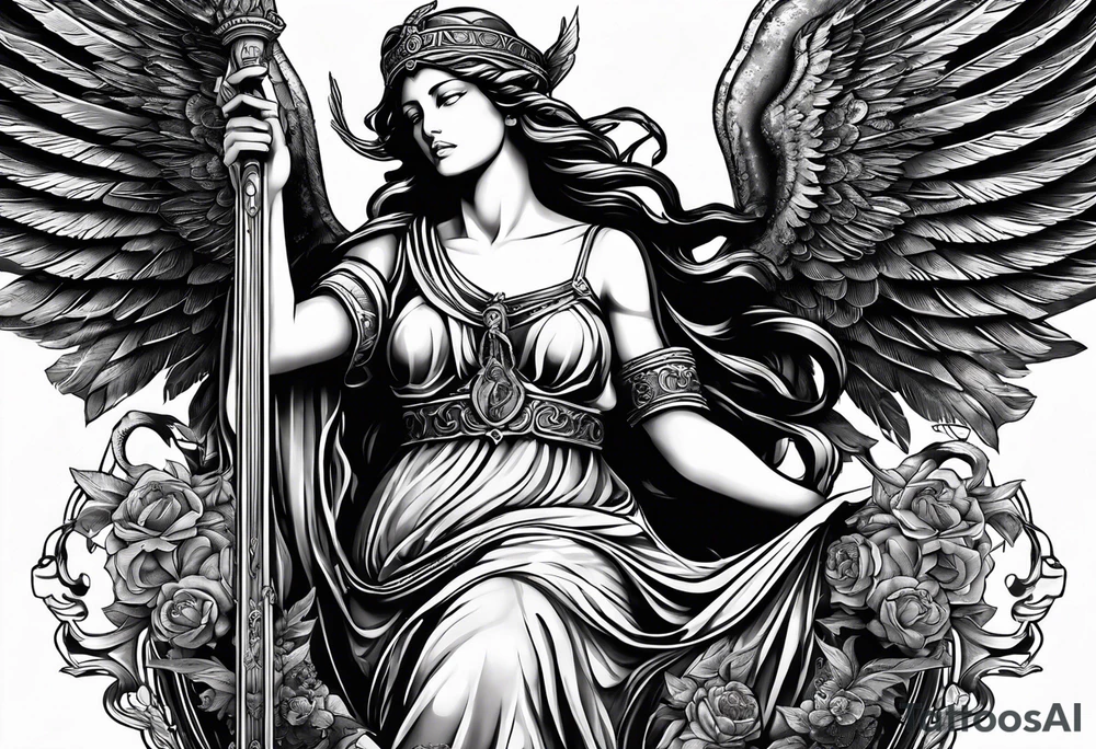 Imagine goddess Justitia with two wings, one angelic, one raven-like. She holds a scale. There is a banderole wrapped around her body with the expression „MEMENTO VIVERE“ on it. tattoo idea