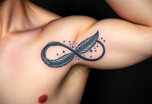 infinity symbol woven with floating feathers and stardust tattoo idea