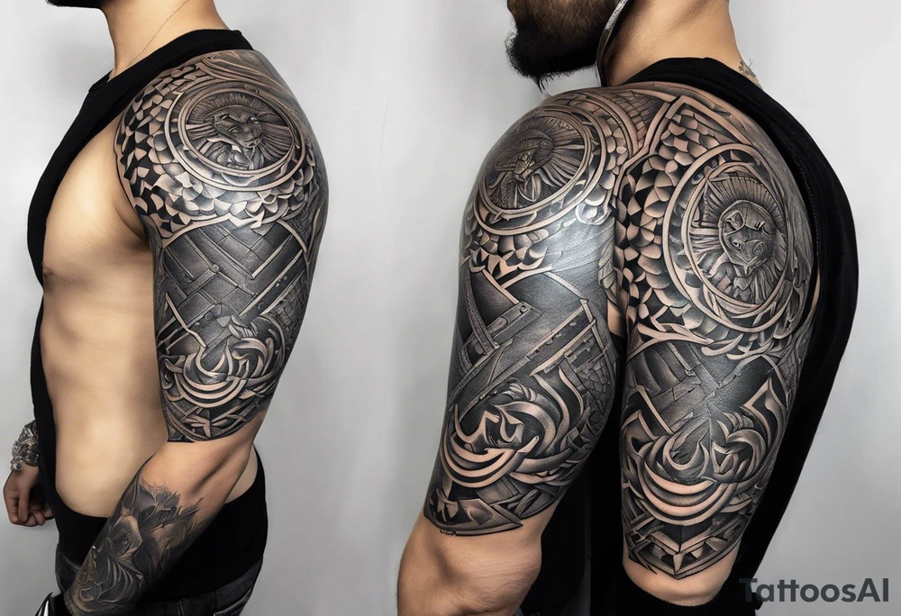 half sleeve, upper arm and shoulder, leather armor.  The crest on the shoulder is an ouroboros whose head is from the Where the Wild Things Are book tattoo idea