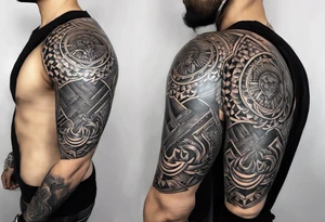 half sleeve, upper arm and shoulder, leather armor.  The crest on the shoulder is an ouroboros whose head is from the Where the Wild Things Are book tattoo idea