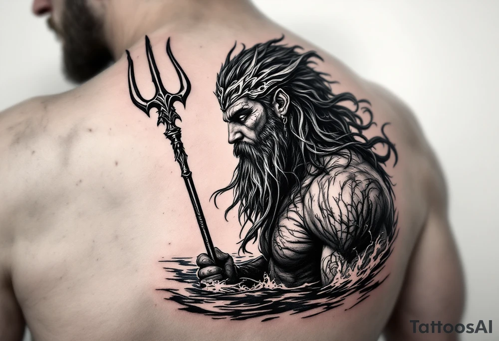 fit poseidon, with trident, in water, looking at the horizon tattoo idea