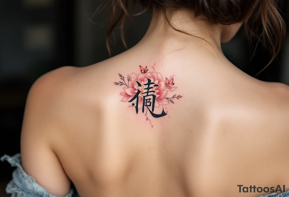 Chinese character 美 (měi, “beauty”) in rose gold ink often decorates a peony or butterfly for elegance and transformation. tattoo idea